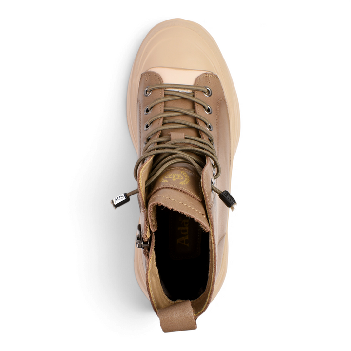 ada-shoes.ro khaki leather chunky ankle boots with beige rubber toe cap and lace-up closure, top view