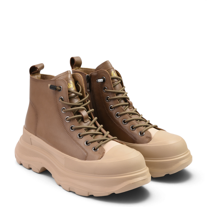 ada-shoes.ro chunky khaki leather boots with beige platform soles and lace-up closure for women