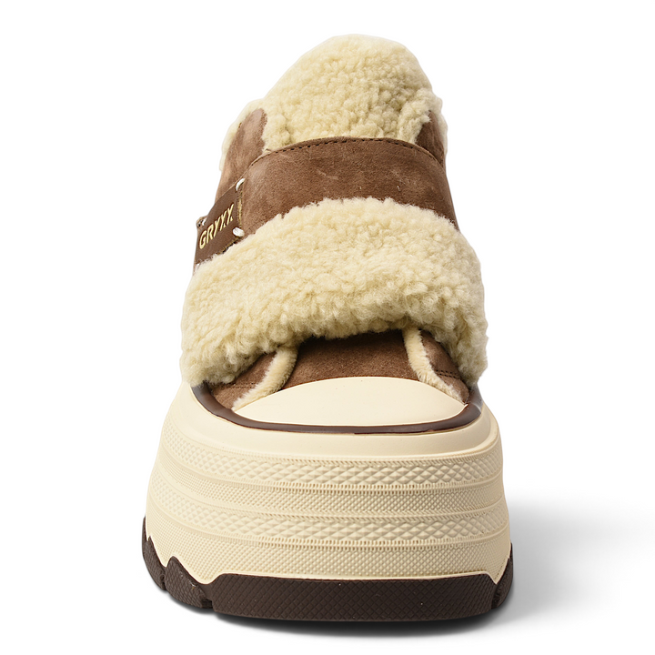 ada-shoes.ro Gryxx brown nubuck leather sport boots with faux fur trim, velcro straps, and a thick platform sole.