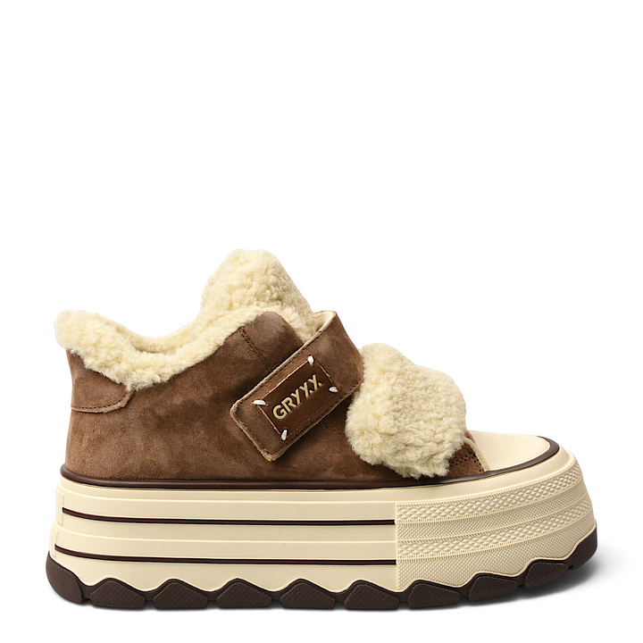 ada-shoes.ro GRYXX brown nubuck leather platform sneakers with cream faux fur lining and velcro strap closure