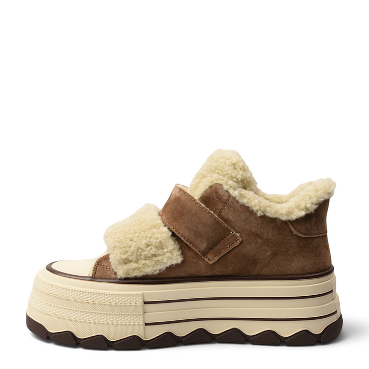 ada-shoes.ro brown nubuck leather sport boots with thick platform sole, faux fur lining, and velcro strap closure.