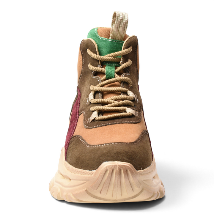ada-shoes.ro suede sport boots in burgundy, brown, and green with a thick beige sole and lace-up closure