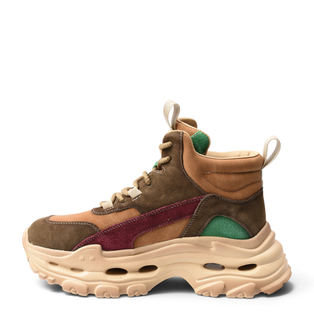 ada-shoes.ro burgundy and brown suede platform sneakers with green accents and lace-up closure