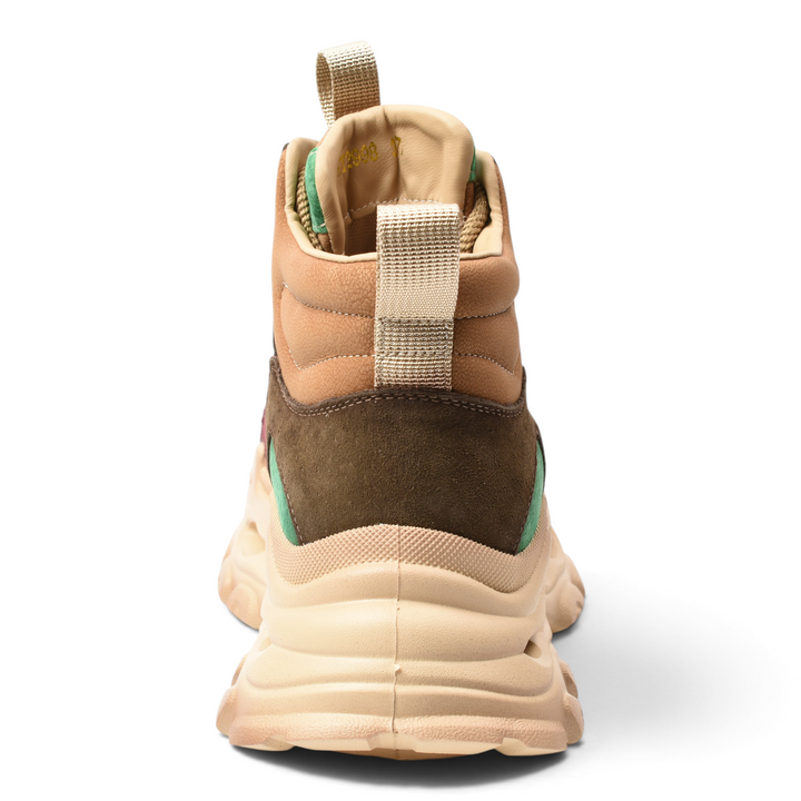 ada-shoes.ro sport boots in beige and olive suede with a chunky platform sole and pull tabs, rear view