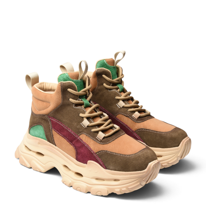 ada-shoes.ro sport boots in suede featuring a chunky beige sole and multi-colored panels in brown, tan, and green.