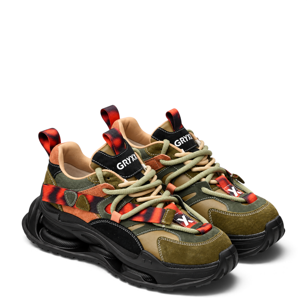 ada-shoes.ro GRYXX khaki nubuck leather sneakers with chunky black soles, lace-up closure, and modern urban design.