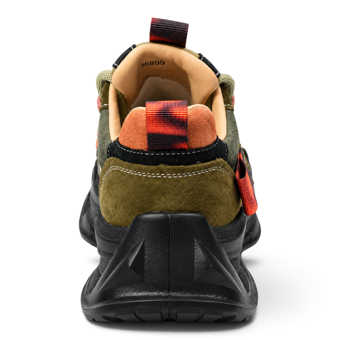 ada-shoes.ro GRYXX khaki nubuck leather sneakers with black platform sole and orange accents, rear view