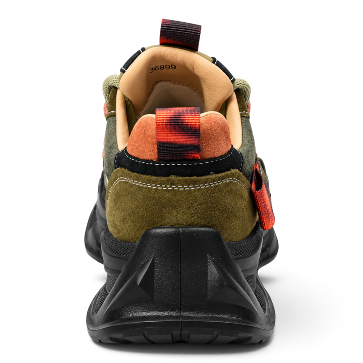 ada-shoes.ro GRYXX khaki nubuck leather sneakers with black platform sole and orange accents, rear view