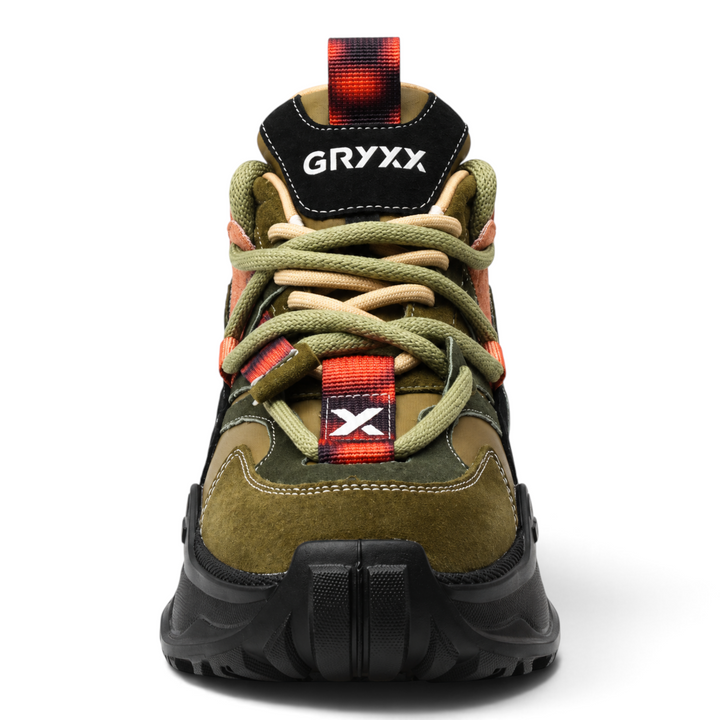 ada-shoes.ro GRYXX khaki nubuck leather sneakers with thick black platform soles and decorative lace-up detail