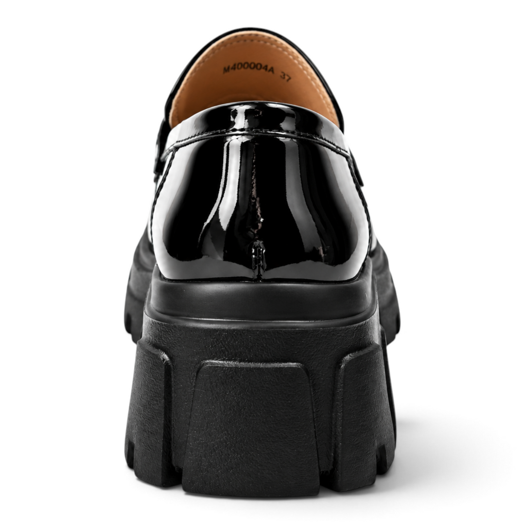 ada-shoes.ro Epica black patent leather loafers with a chunky lug sole and 4.5 cm heel, back view.