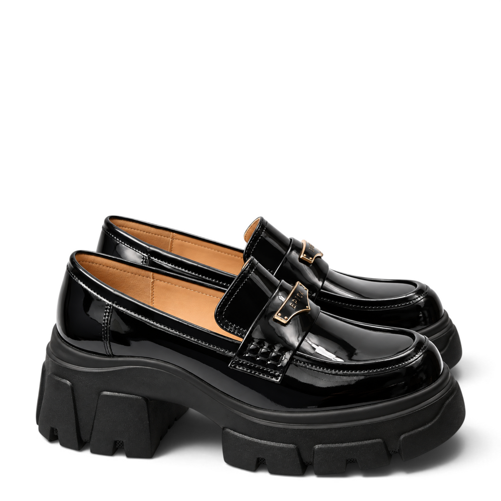 ada-shoes.ro Epica black patent leather loafers with a chunky lug sole, gold metal detail, and a 4.5 cm block heel.