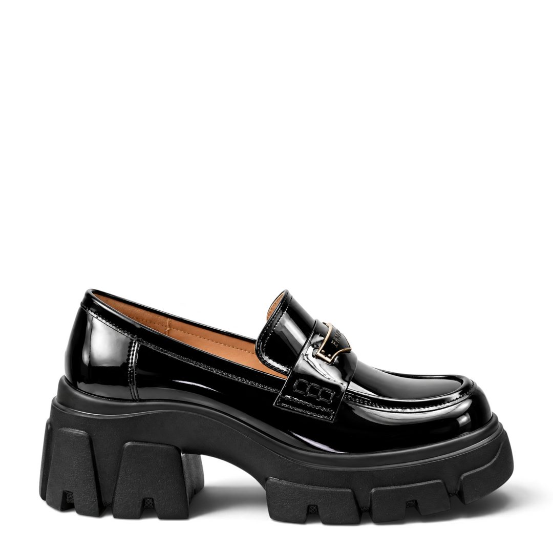 ada-shoes.ro Epica black patent leather loafers with a chunky lug sole and decorative metal detail