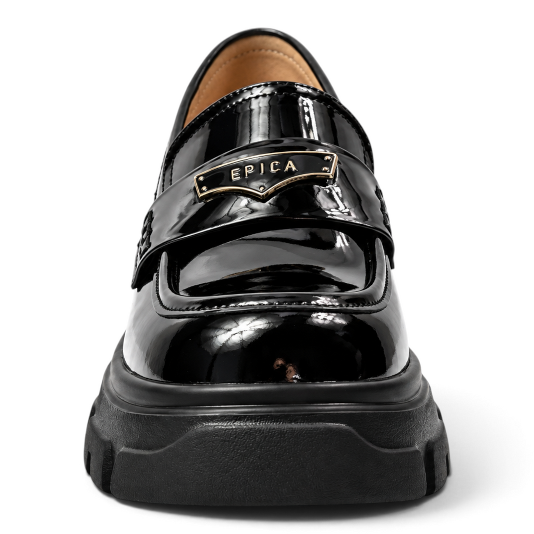 ada-shoes.ro Epica black patent leather loafers with a chunky lug sole and gold-tone decorative front detail