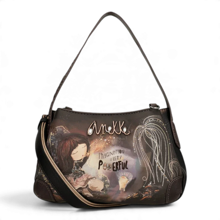 ada-shoes.ro Anekke Dreamverse crossbody bag in dark tones with artistic illustration and metallic logo details