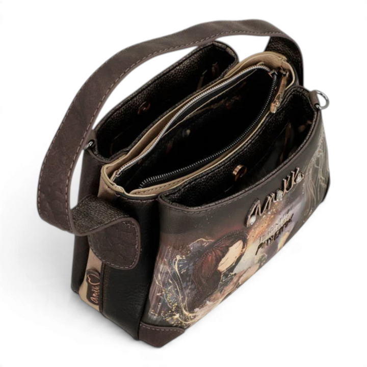 ada-shoes.ro Anekke Dreamverse crossbody bag with top handle, featuring artistic print and metallic logo details