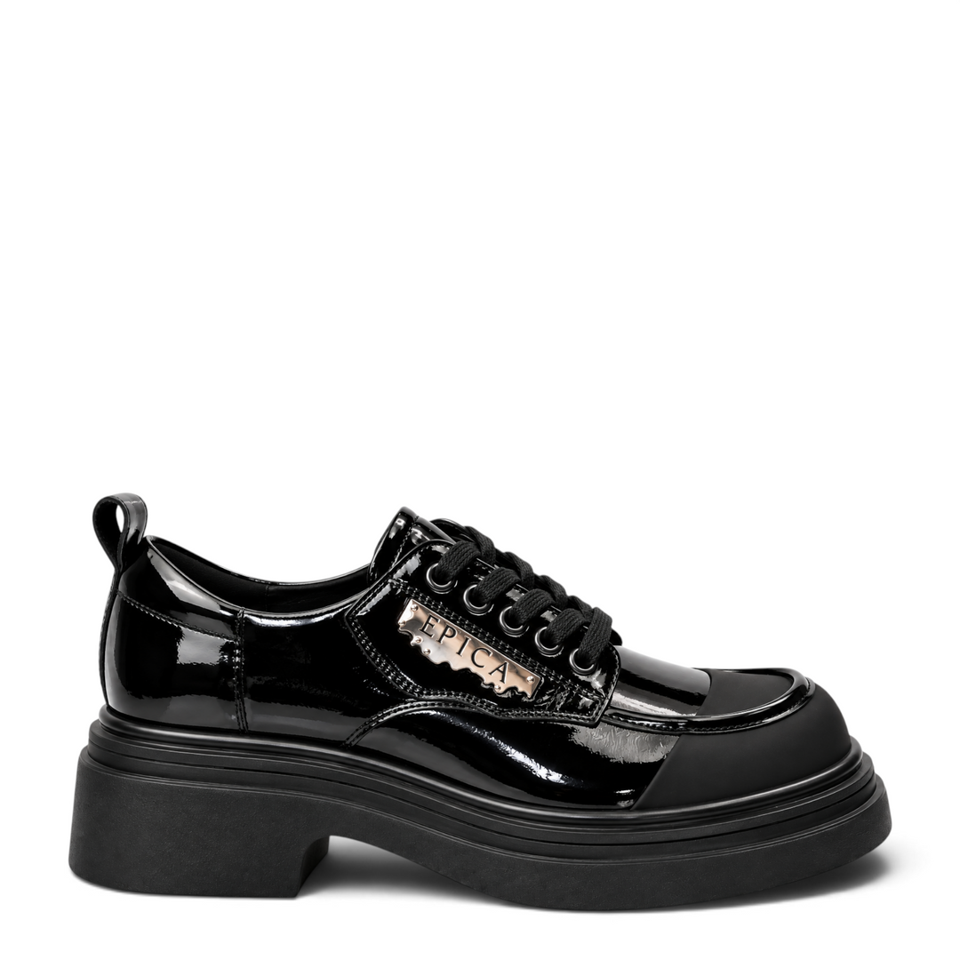 ada-shoes.ro Epica black patent leather casual shoes with a chunky platform sole and decorative metal logo detail.