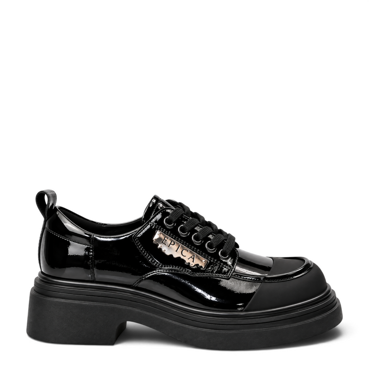 ada-shoes.ro Epica black patent leather casual shoes with a chunky platform sole and decorative metal logo detail.