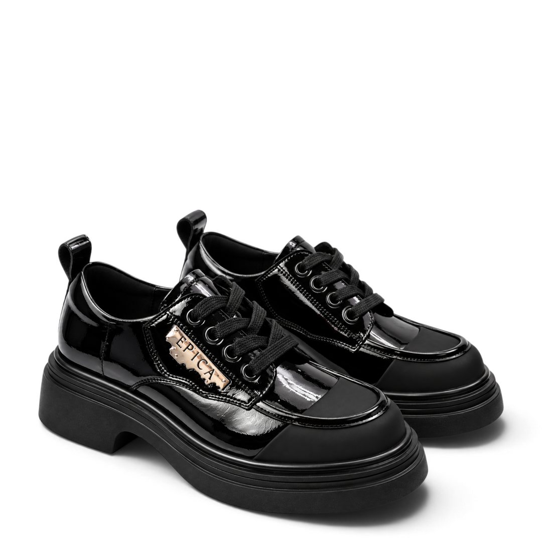 ada-shoes.ro Epica black patent leather casual shoes with a chunky sole, decorative metal detail, and lace-up design.