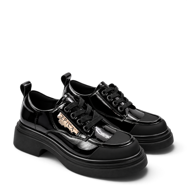 ada-shoes.ro Epica black patent leather casual shoes with a chunky sole, decorative metal detail, and lace-up design.