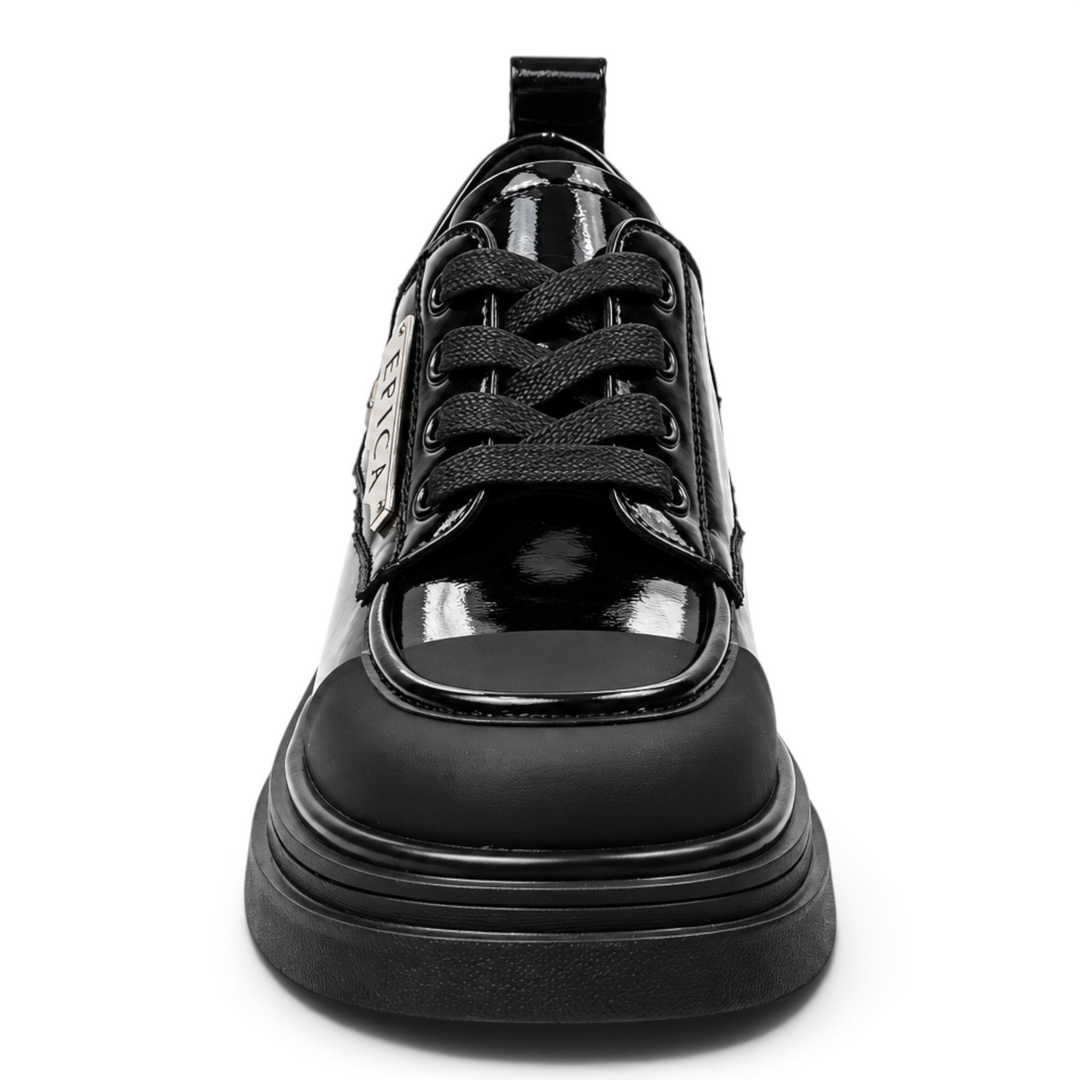 ada-shoes.ro Epica black patent leather loafers with a chunky sole and decorative front detail on a white background