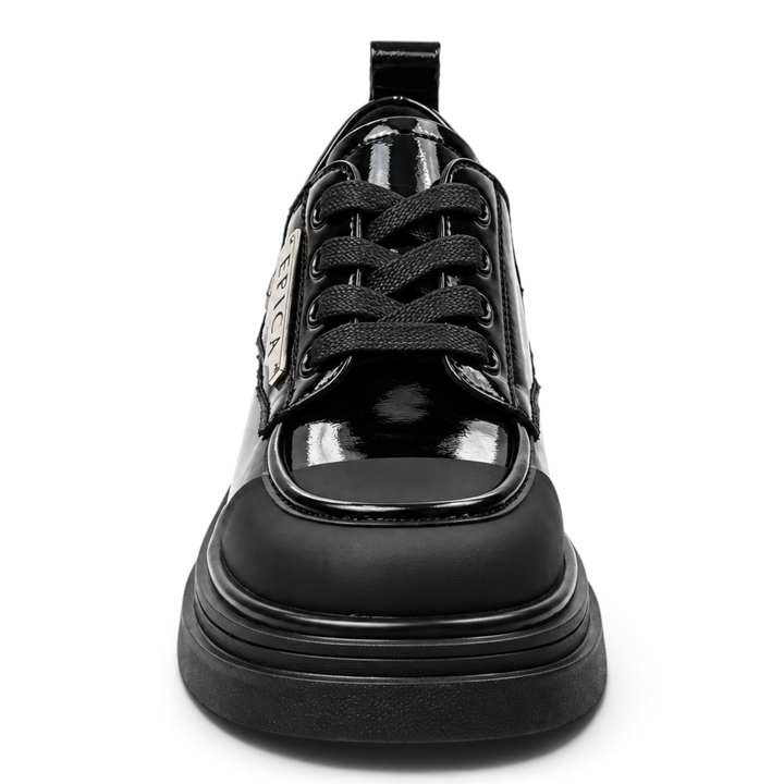 ada-shoes.ro Epica black patent leather loafers with a chunky sole and decorative front detail on a white background