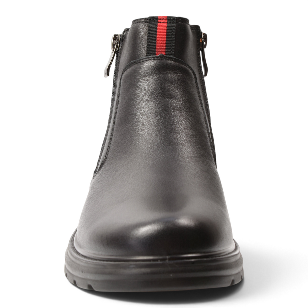 ada-shoes.ro black leather ankle boots with side zippers and a red and black striped pull tab detail