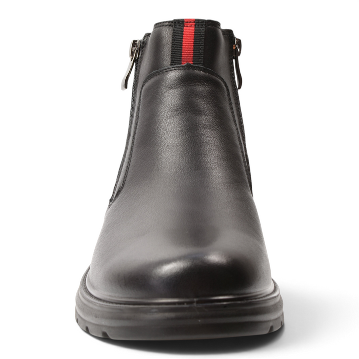 ada-shoes.ro black leather ankle boots with side zippers and a red and black striped pull tab detail