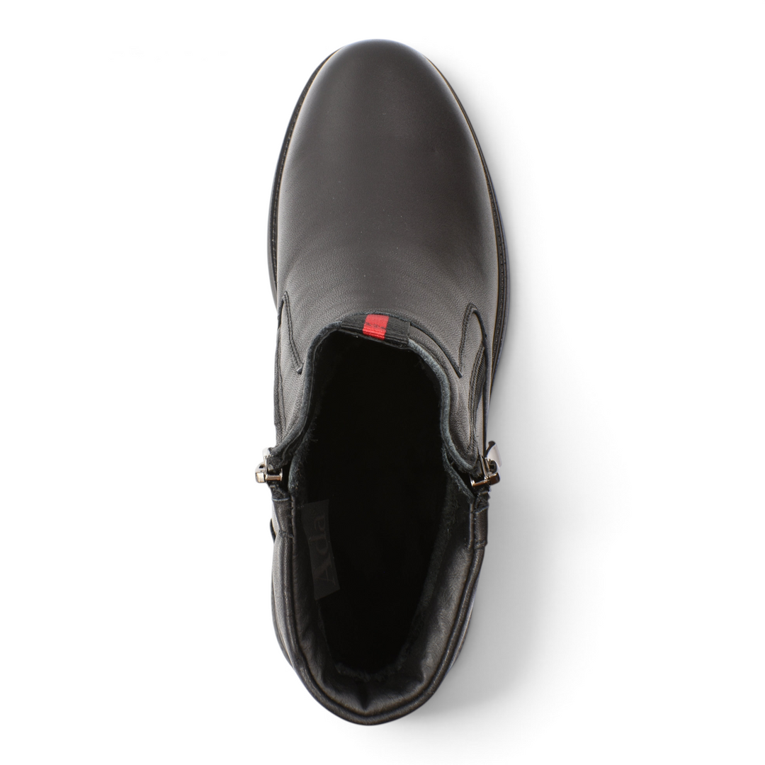Top view of black leather ankle boots from ada-shoes.ro featuring side zippers and a subtle red detail
