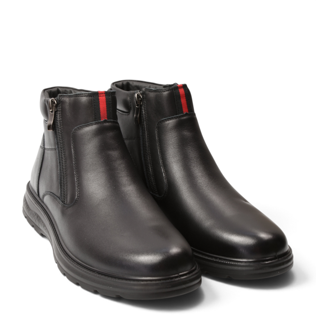ada-shoes.ro black leather ankle boots with side zippers and red striped detail on the collar