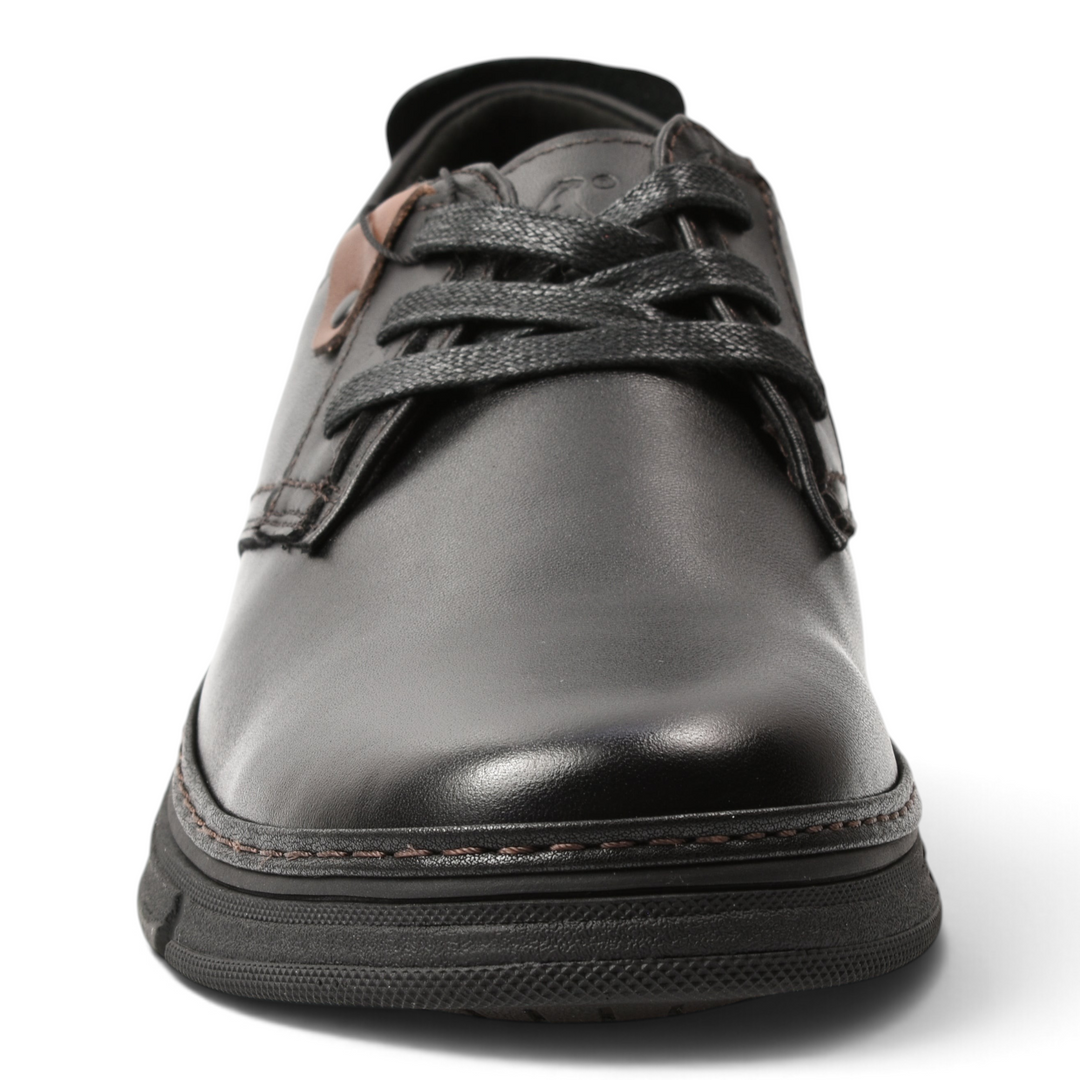 ada-shoes.ro Otter black leather derby shoes with brown accent and flexible sole, front view