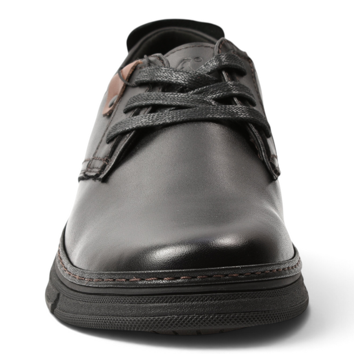 ada-shoes.ro Otter black leather derby shoes with brown accent and flexible sole, front view