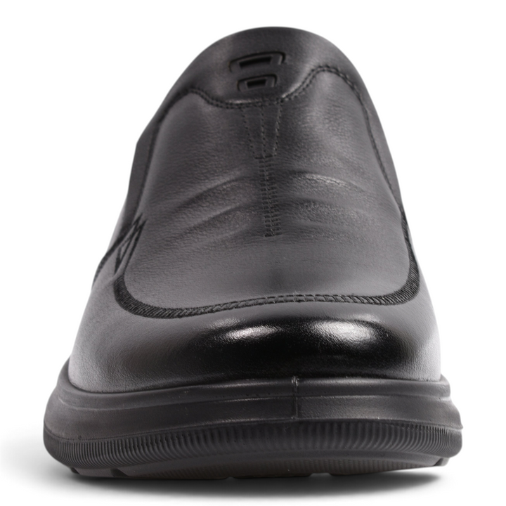 ada-shoes.ro black leather slip-on casual shoes with elastic side panels and flexible sole, front view
