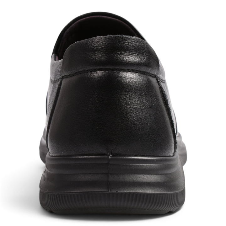 Back view of black leather slip-on casual shoes by ada-shoes.ro with a flexible sole and ergonomic design