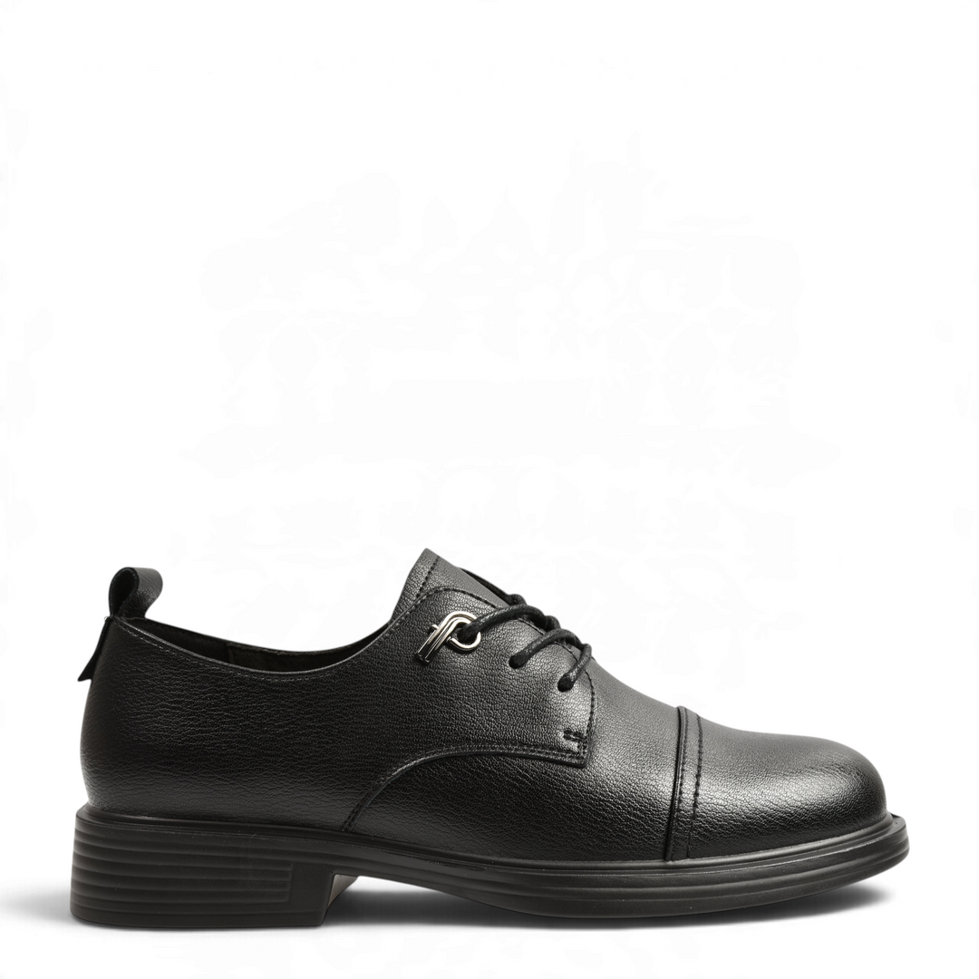 ada-shoes.ro Anna Viotti black leather derby shoes with cap-toe design, flexible laces, and heel pull tab.