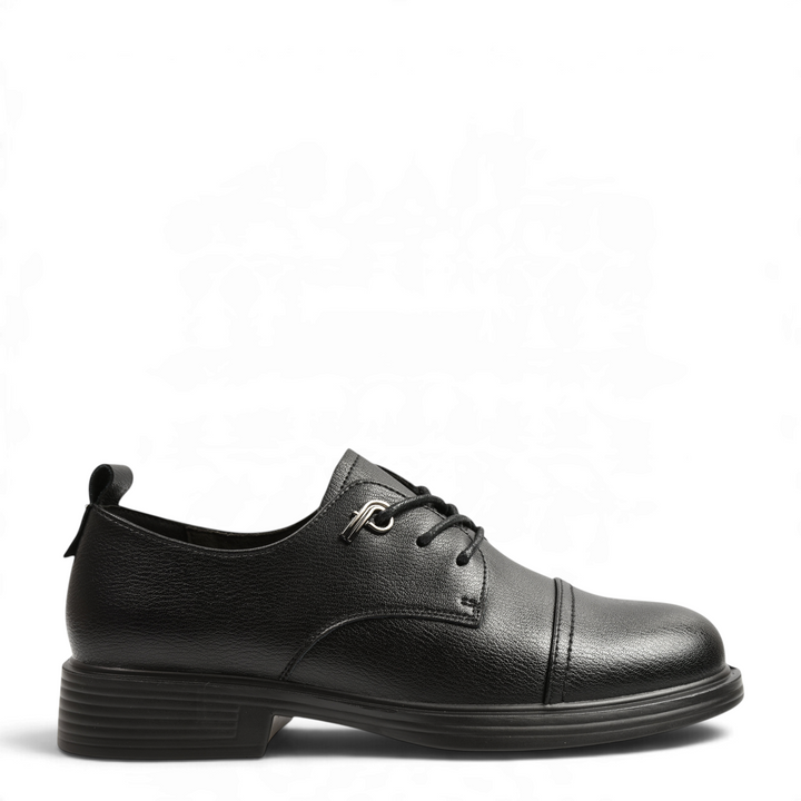 ada-shoes.ro Anna Viotti black leather derby shoes with cap-toe design, flexible laces, and heel pull tab.