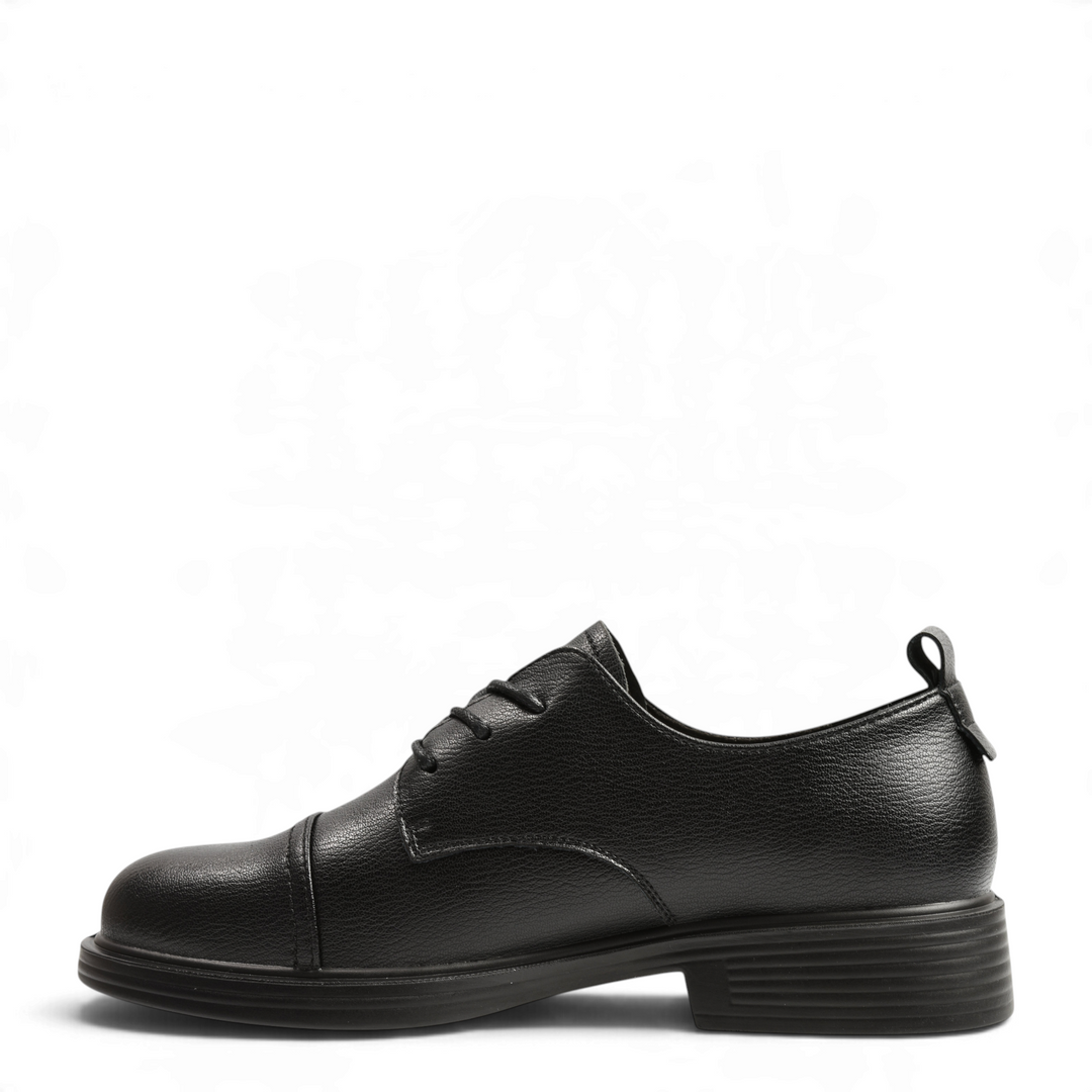 ada-shoes.ro Anna Viotti black leather derby shoes with cap-toe detail, flexible laces, and heel pull tab.