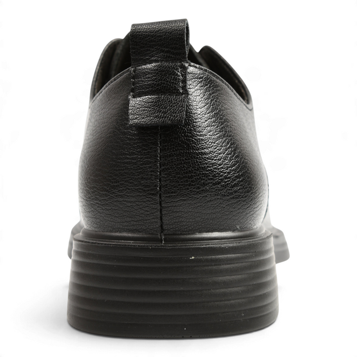 ada-shoes.ro Anna Viotti black leather derby shoe, rear view showing heel tab and flexible rubber sole