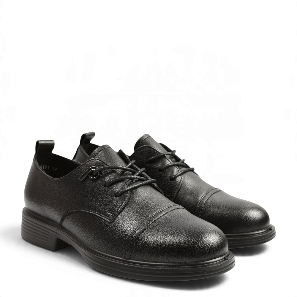 ada-shoes.ro Anna Viotti black leather derby shoes with cap-toe design, flexible laces, and heel pull tab.