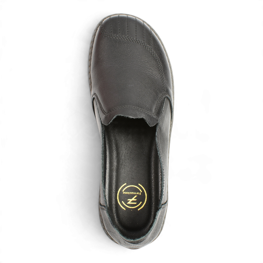 Top view of black Formazione leather slip-on casual shoes with elastic side inserts and decorative toe stitching