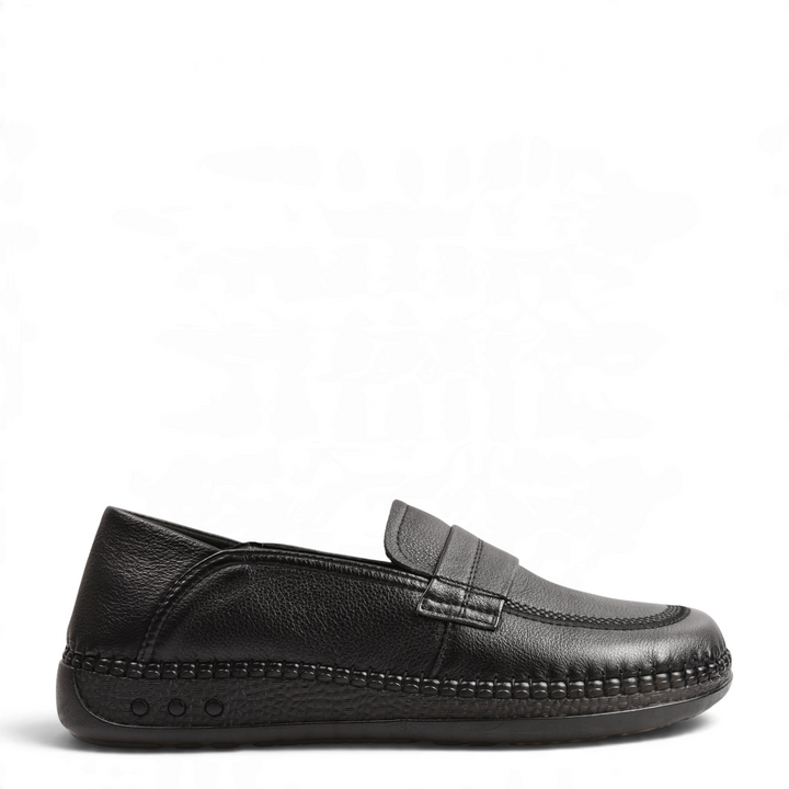 ada-shoes.ro Formazione black grained leather loafers with decorative moccasin stitching and a flexible flat sole.