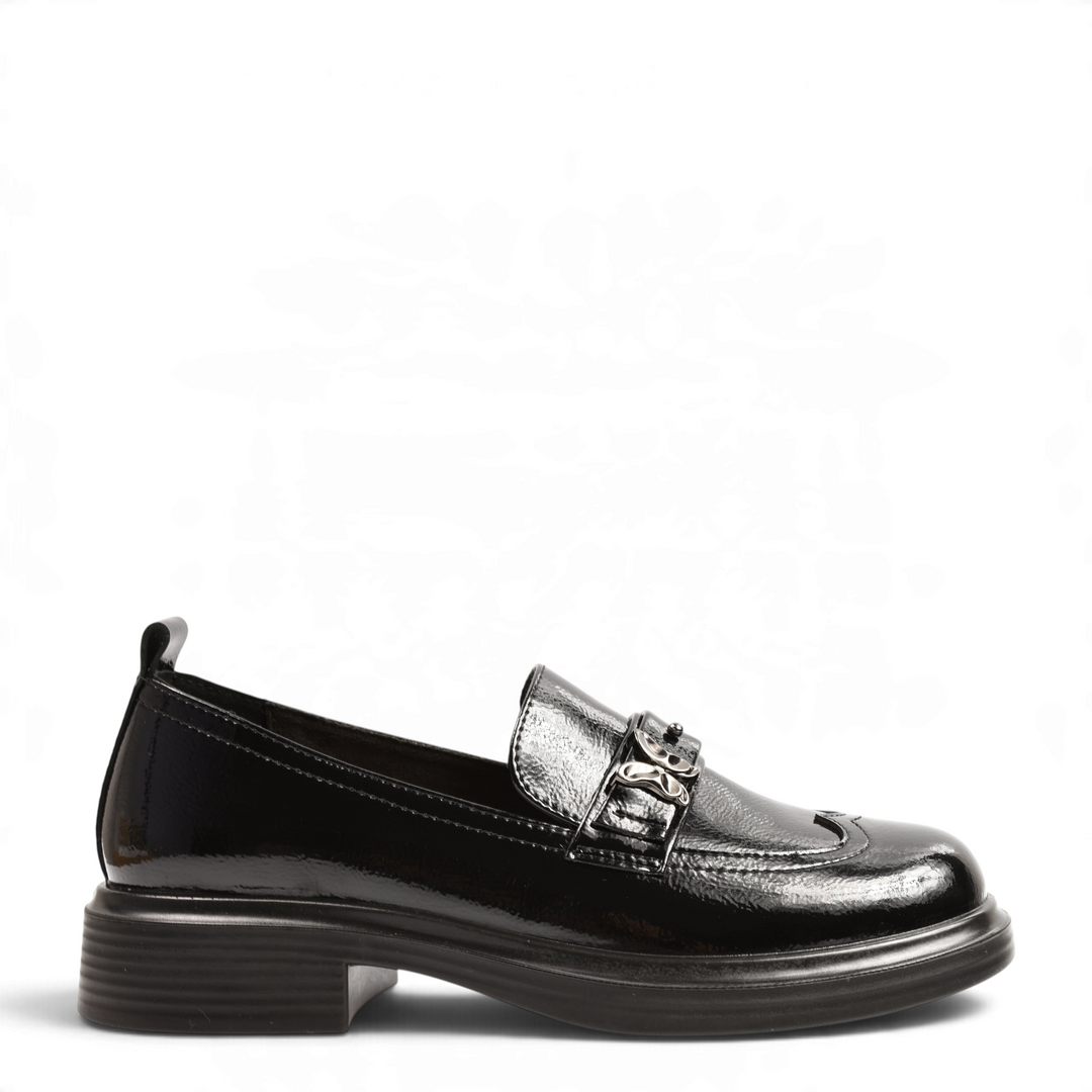 ada-shoes.ro Anna Viotti black patent leather loafers with a silver butterfly brooch and chunky sole, side view