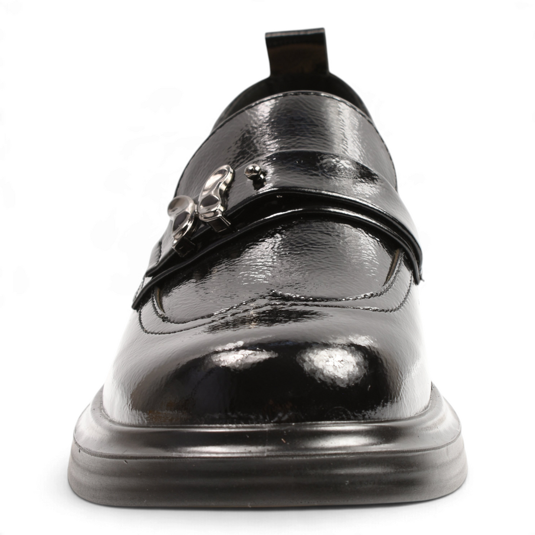 ada-shoes.ro Anna Viotti black patent leather loafers with a silver butterfly brooch and chunky sole