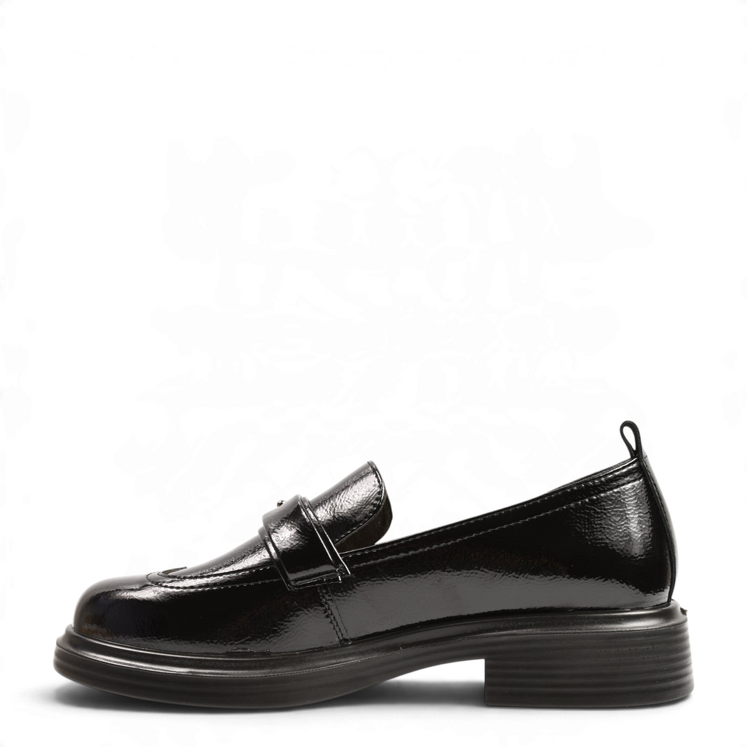 ada-shoes.ro Anna Viotti black patent leather loafers with a chunky sole and silver butterfly brooch detail