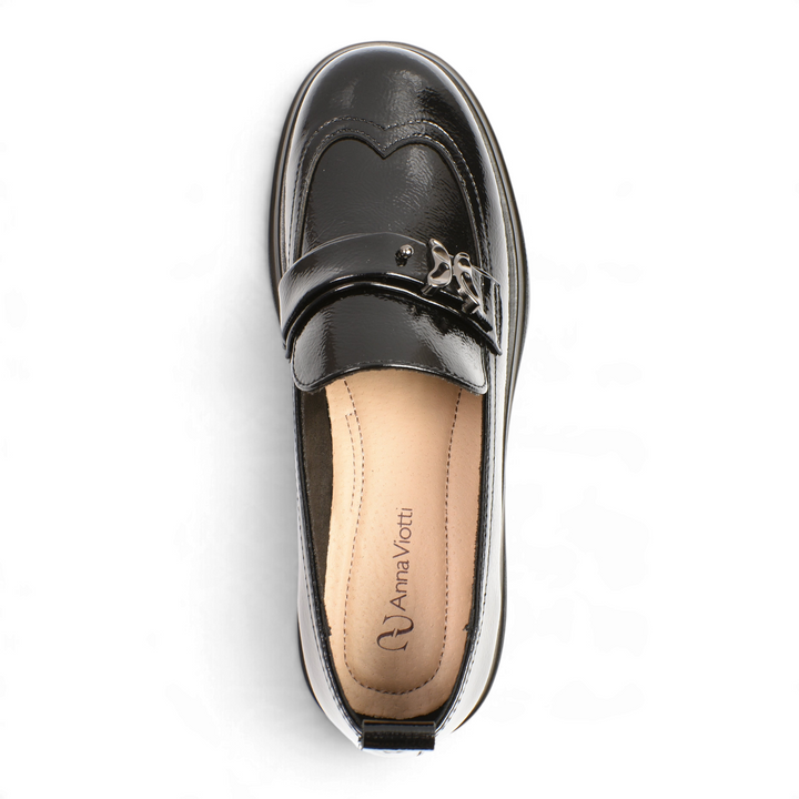 ada-shoes.ro Anna Viotti black patent leather loafers with silver butterfly brooch and thick sole, top view
