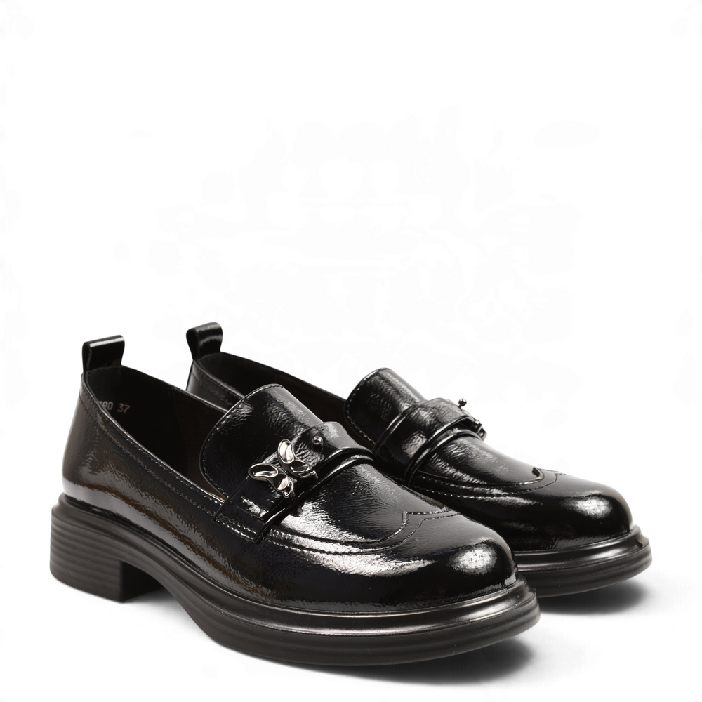 ada-shoes.ro Anna Viotti black patent leather loafers with silver butterfly brooch and chunky sole