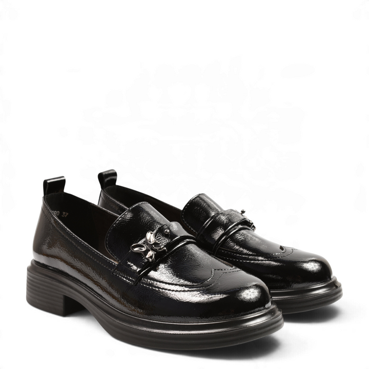ada-shoes.ro Anna Viotti black patent leather loafers with silver butterfly brooch and chunky sole