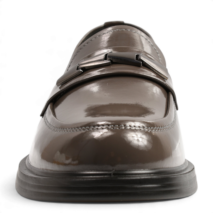 ada-shoes.ro Anna Viotti anthracite grey patent leather loafers with metallic front detail and small block heel