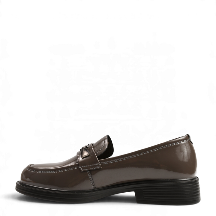 ada-shoes.ro Anna Viotti anthracite grey patent leather loafers with metallic detail and low block heel side view