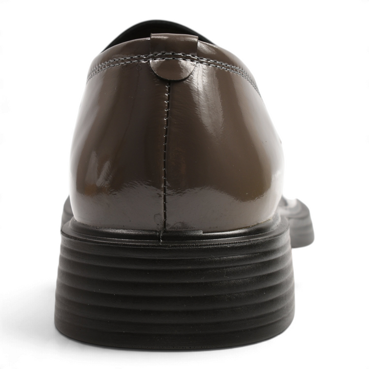 Back view of anthracite grey patent leather Anna Viotti loafers with a flexible black rubber sole from ada-shoes.ro