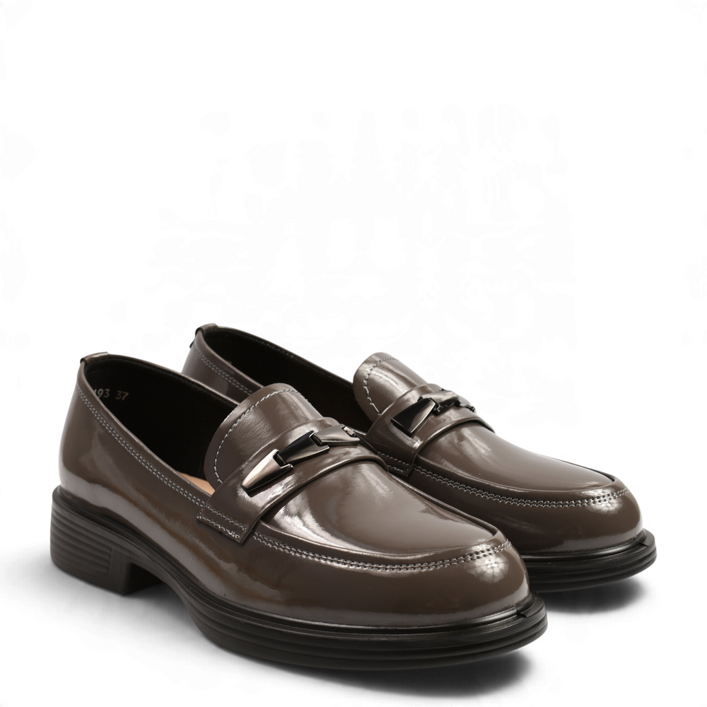 ada-shoes.ro Anna Viotti anthracite grey patent leather loafers with metallic detail and small block heel